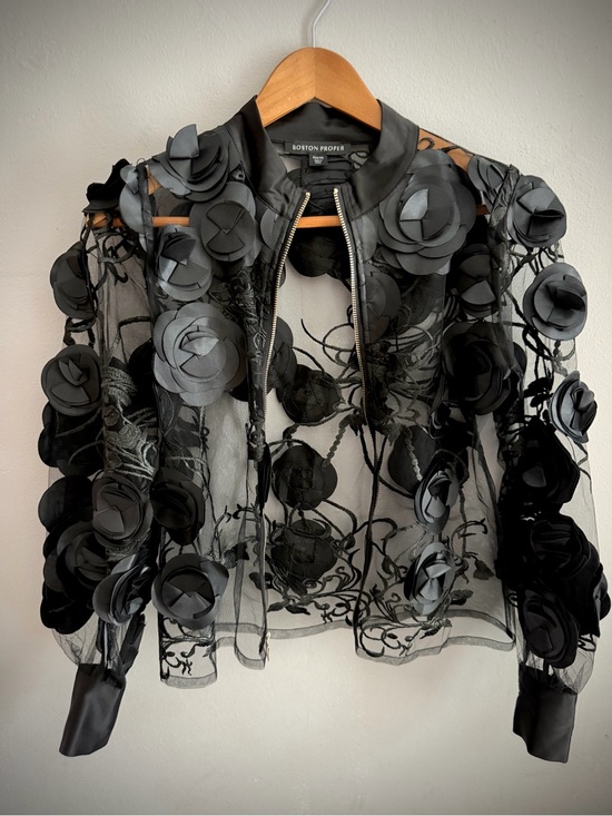 Boston Proper Jackets & Blazers - Boston Proper Black Sheer Floral Appliqué Bomber Jacket